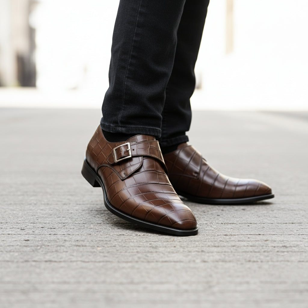 model-walking-street - Men's Brown Alligator Leather Monk Shoes