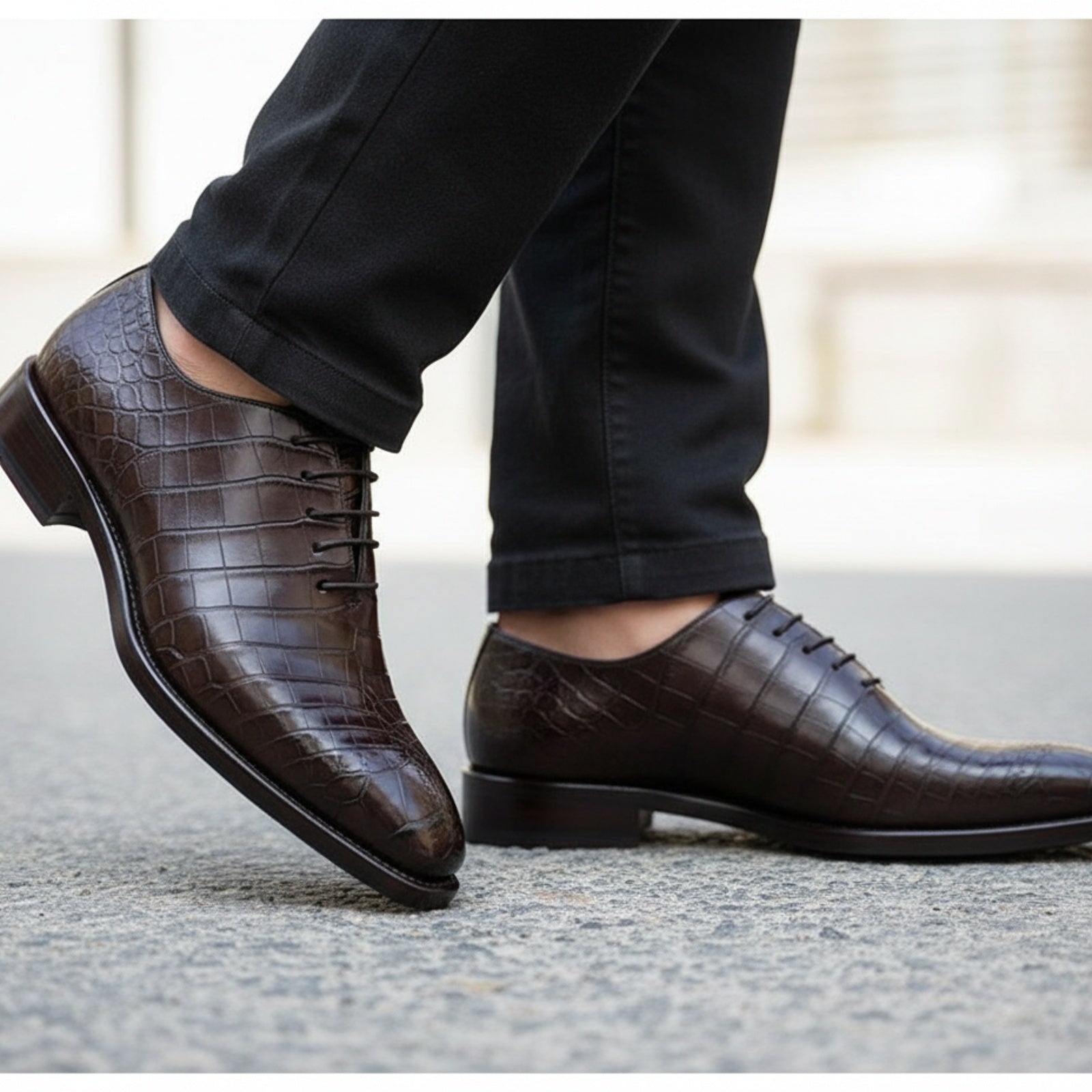Men's Brown Alligator Print Leather Dress Shoes - model-walking-street