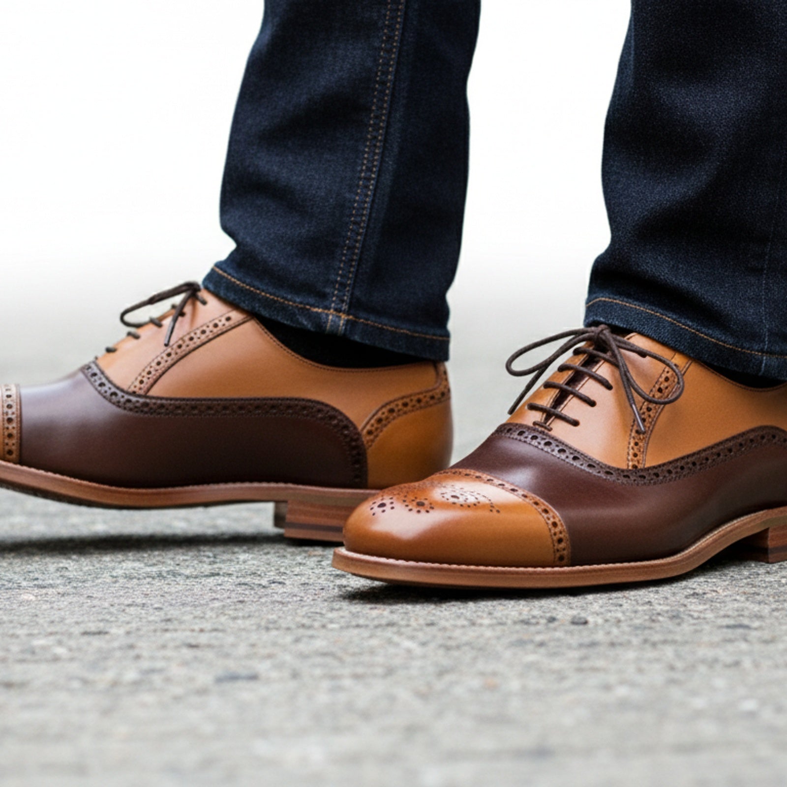 Men's Brown and Tan Leather Brogue Dress Shoes, Oxford Style - model-walking-street
