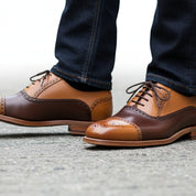Men's Brown and Tan Leather Brogue Dress Shoes, Oxford Style - model-walking-street