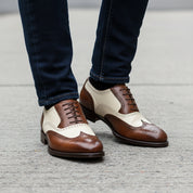 model-walking-street - Men's Brown and White Leather Brogue Dress Shoes