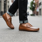 model-walking-street - Men's Brown Casual Loafer Suede Shoes