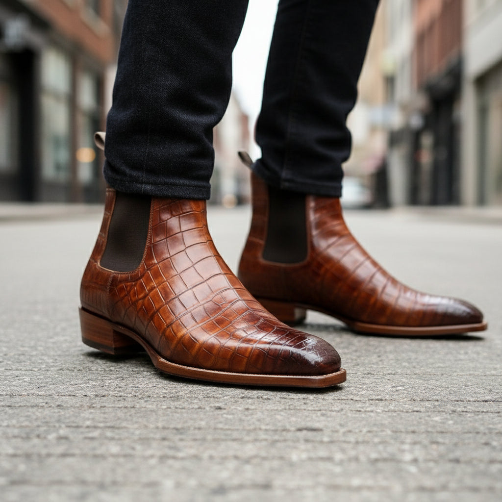 model-walking-street - Men's Brown Chelsea Boots in Calf Leather with Crocodile Pattern