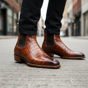 model-walking-street - Men's Brown Chelsea Boots in Calf Leather with Crocodile Pattern