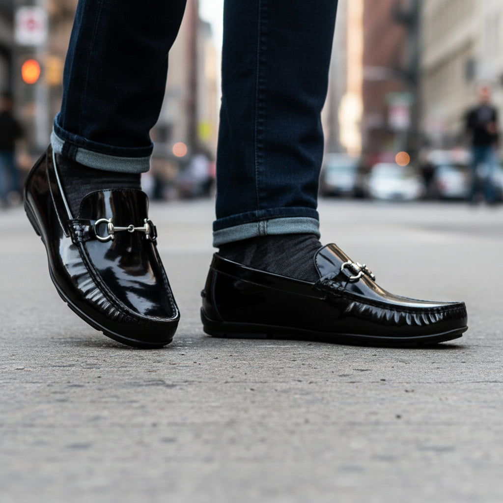model-walking-street - Men's Brown Cow Leather Bit Loafers