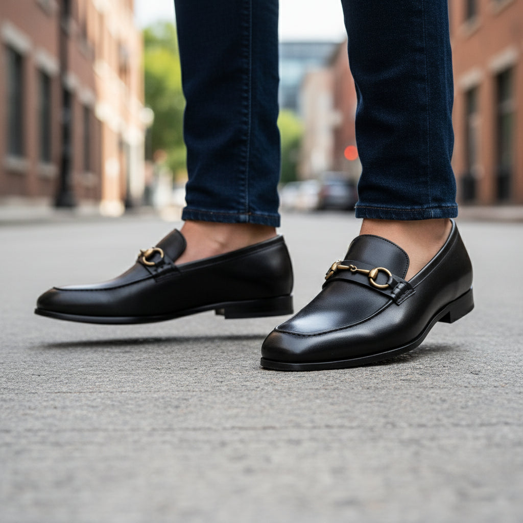 model-walking-street - Men's Brown Cow Leather Loafers