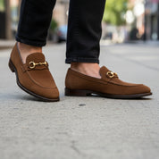 model-walking-street - Men's Brown Cow Leather & Suede Penny Loafers