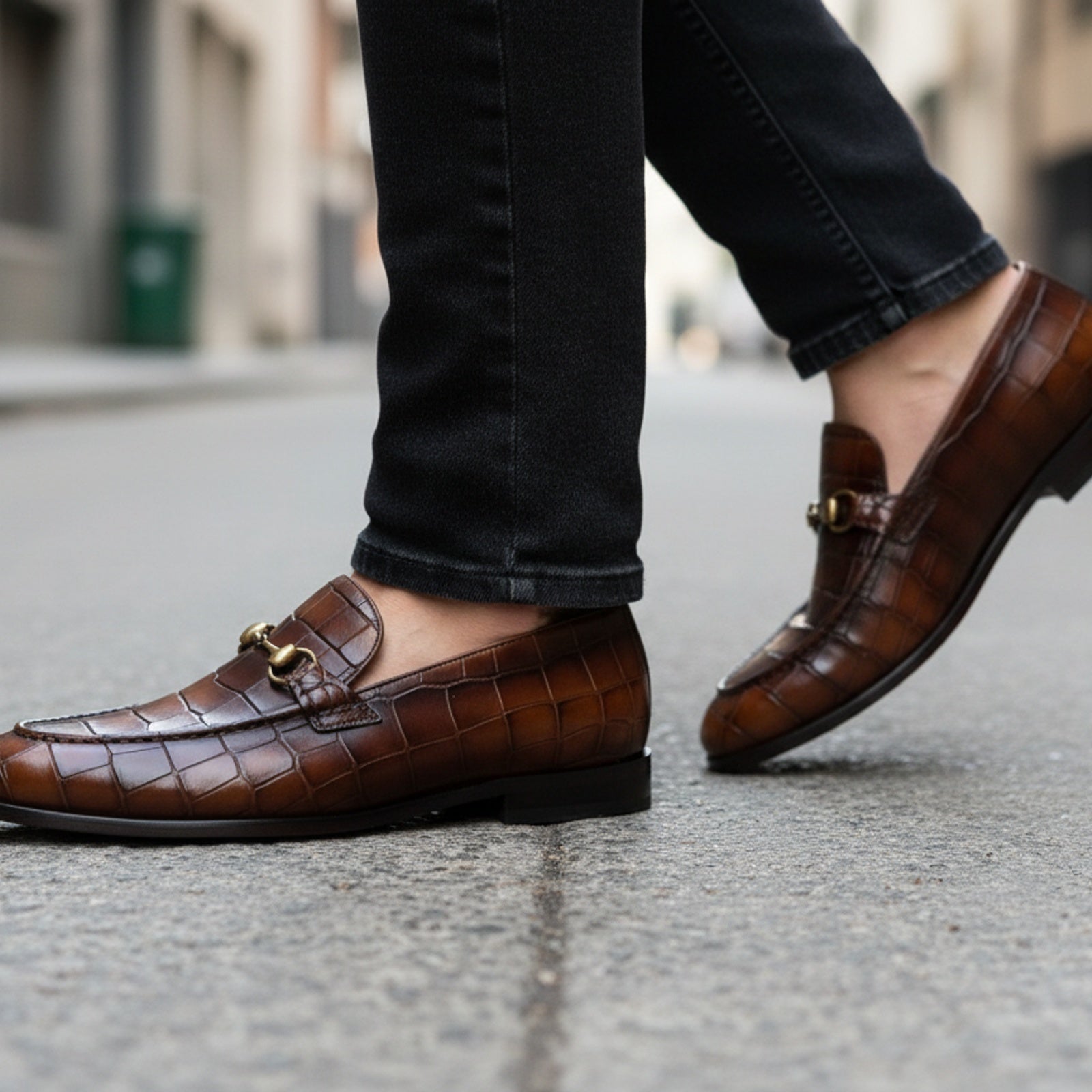 model-walking-street - Men's Brown Crocodile Leather Moccasin Dress Shoes