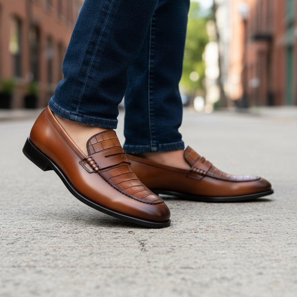 model-walking-street - Men's Brown Crocodile Leather Moccasins - Formal Loafers