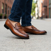model-walking-street - Men's Brown Crocodile Leather Moccasins - Formal Loafers