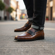 model-walking-street - Men's Brown Crocodile Leather Moccasins