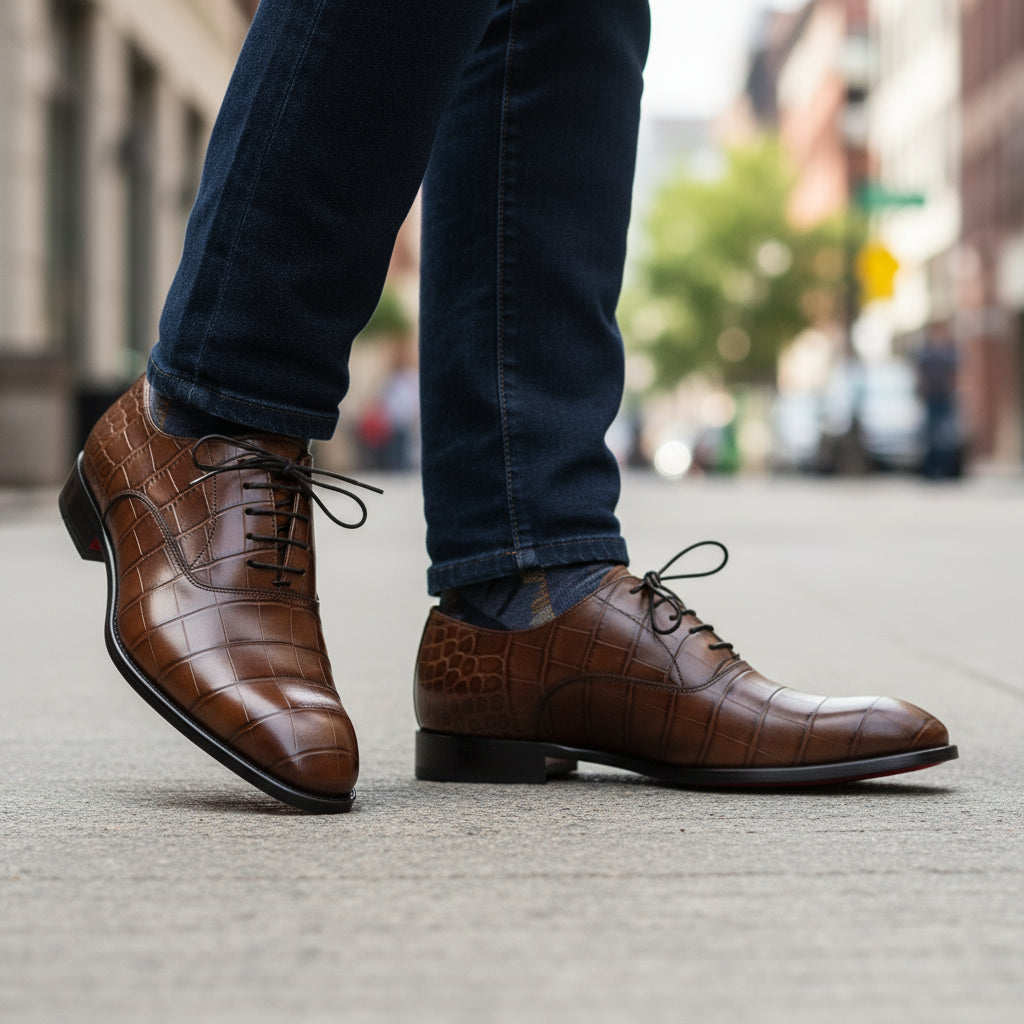 model-walking-street - Men's Brown Crocodile Leather Oxford Shoes
