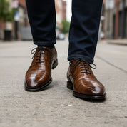 Men's Brown Crocodile-Textured Leather Dress Shoes - model-walking-street
