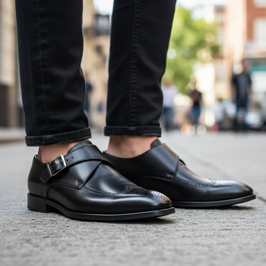 model-walking-street - Men's Brown Genuine Leather Buckle Dress Shoes