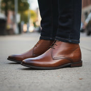 model-walking-street - Men's Brown High Ankle Leather Boots