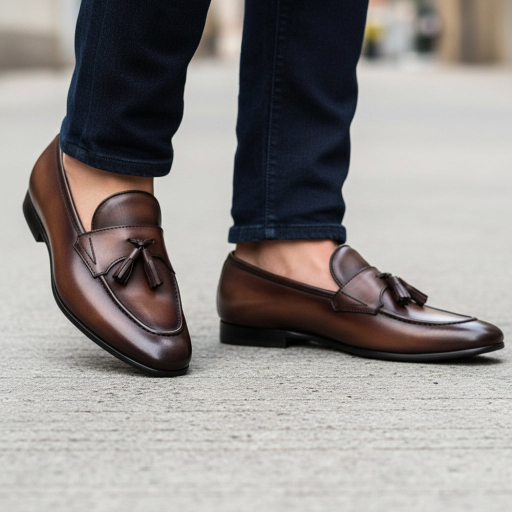 model-walking-street - Men's Brown Italian Leather Tassel Loafers
