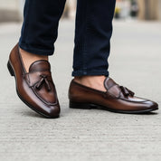model-walking-street - Men's Brown Italian Leather Tassel Loafers