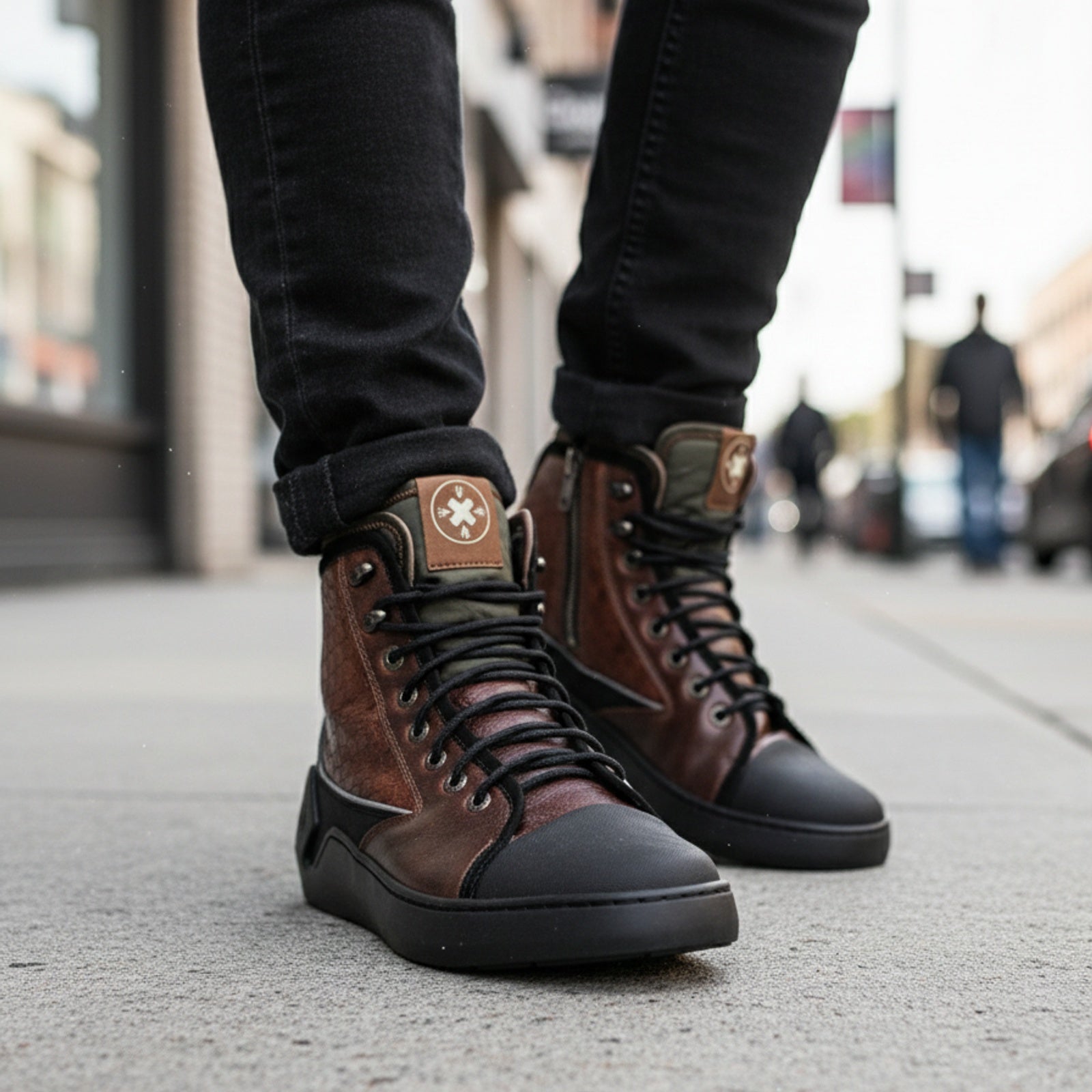 model-walking-street - Men's Brown Leather Advance Protection Shoes