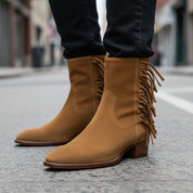 model-walking-street - Men's Brown Leather Ankle Boots