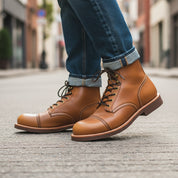 model-walking-street - Men's Brown Leather Ankle Boots