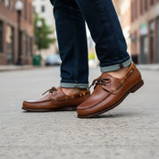 model-walking-street - Men's Brown Leather Boat Shoes