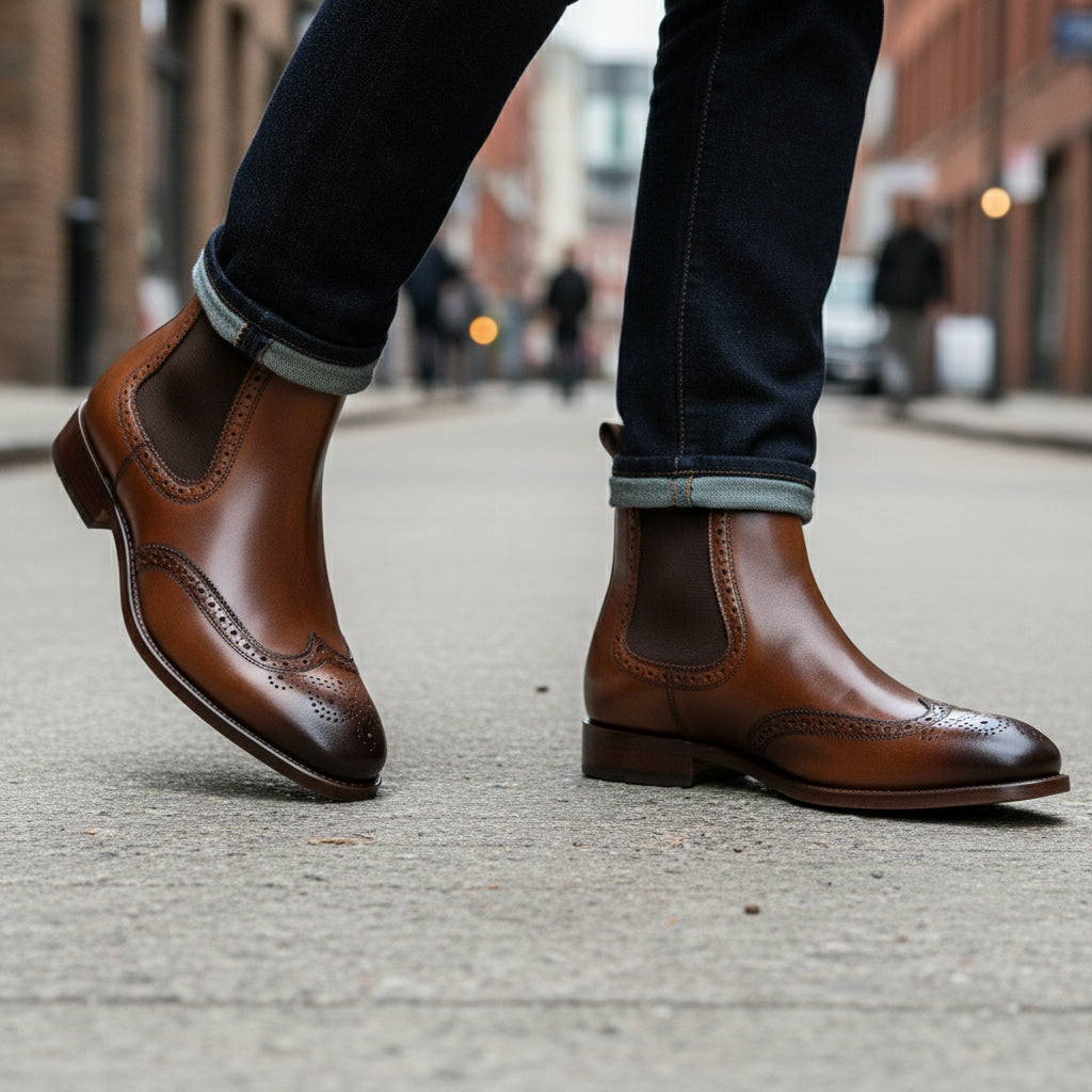 model-walking-street - Men's Brown Leather Brogue Chelsea Boots