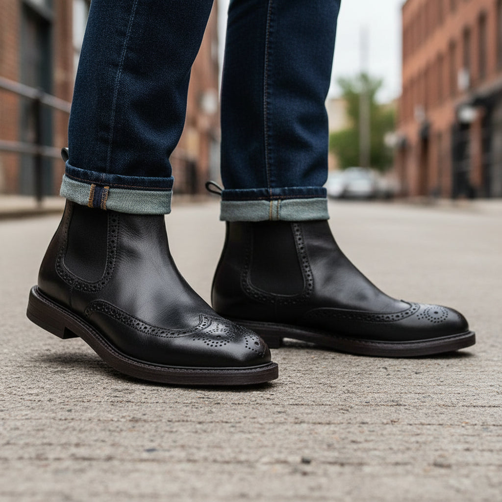 model-walking-street - Men's Brown Leather Brogue Chelsea Boots