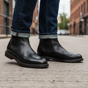 model-walking-street - Men's Brown Leather Brogue Chelsea Boots