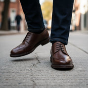 model-walking-street - Men's Brown Leather Brogue Dress Shoes