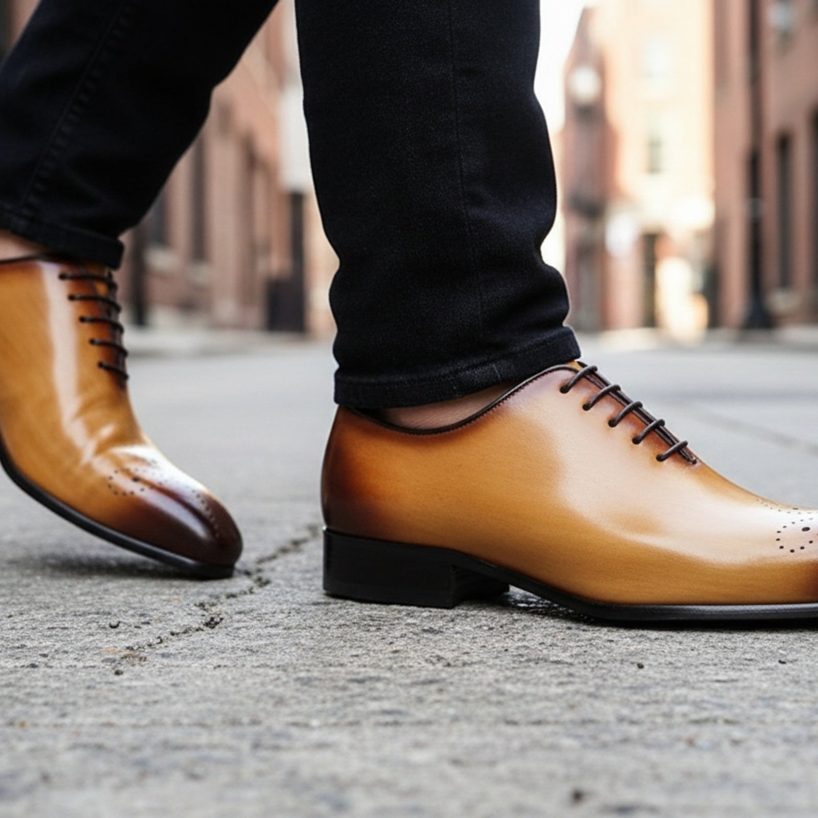 model-walking-street - Men's Brown Leather Brogue Dress Shoes