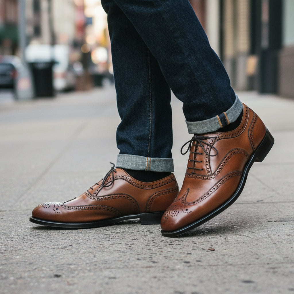 model-walking-street - Men's Brown Leather Brogue Dress Shoes