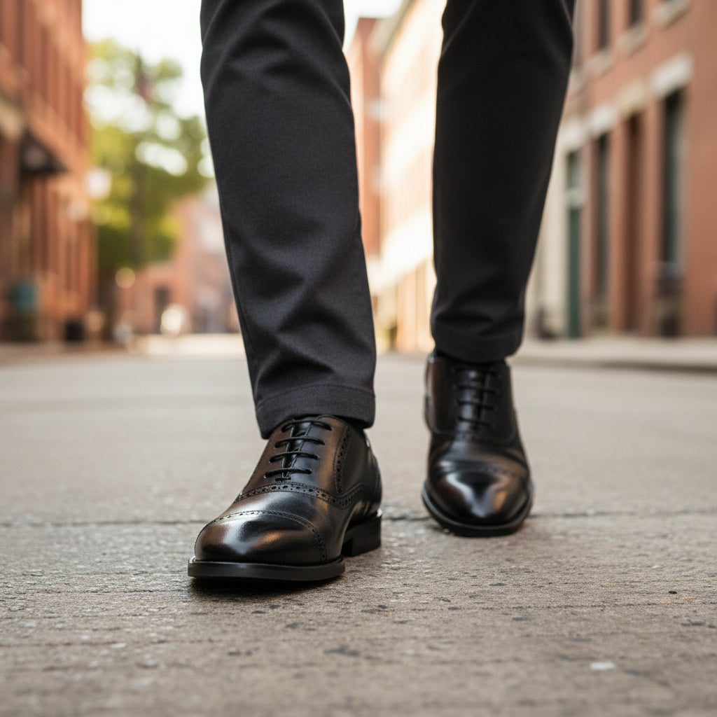 model-walking-street - Men's Brown Leather Brogue Dress Shoes