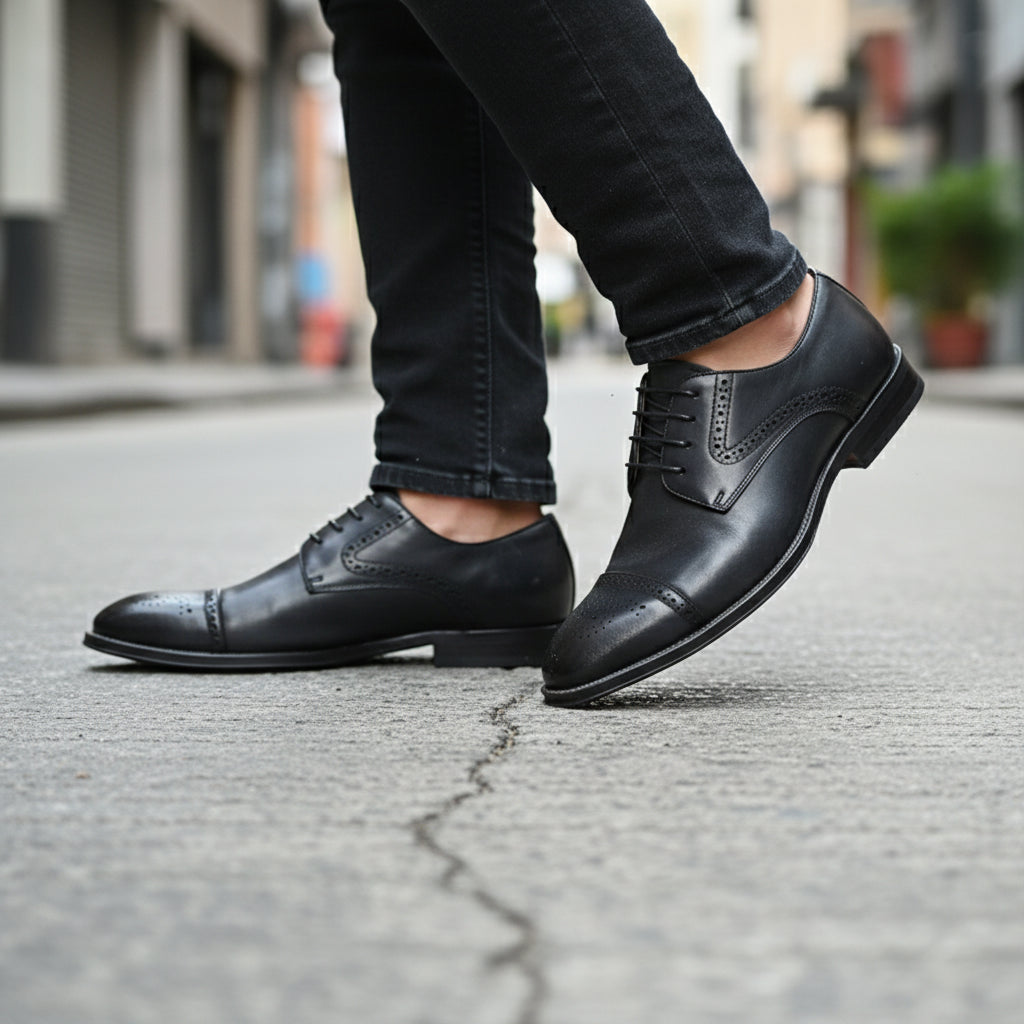 model-walking-street - Men's Brown Leather Brogue Dress Shoes