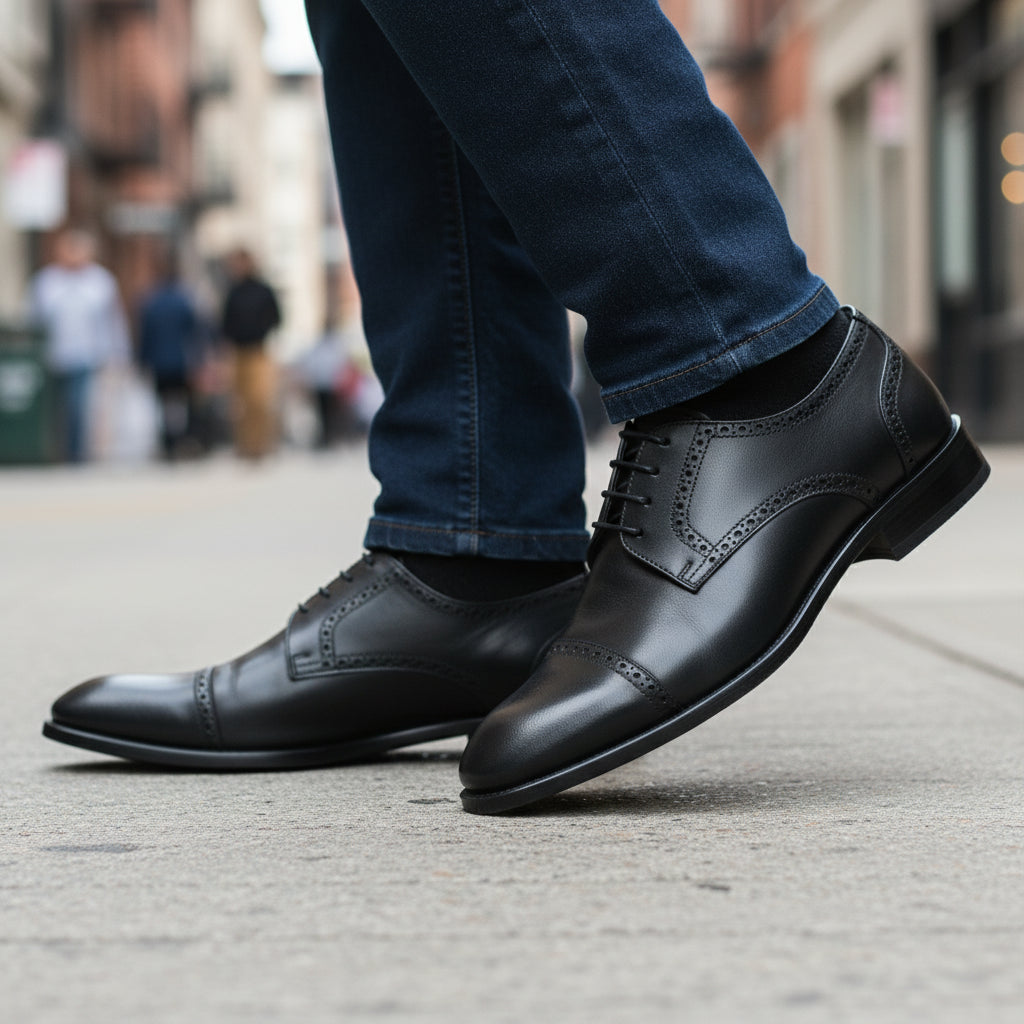 model-walking-street - Men's Brown Leather Brogue Dress Shoes
