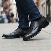 model-walking-street - Men's Brown Leather Brogue Dress Shoes