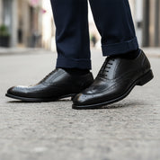 model-walking-street - Men's Brown Leather Brogue Dress Shoes