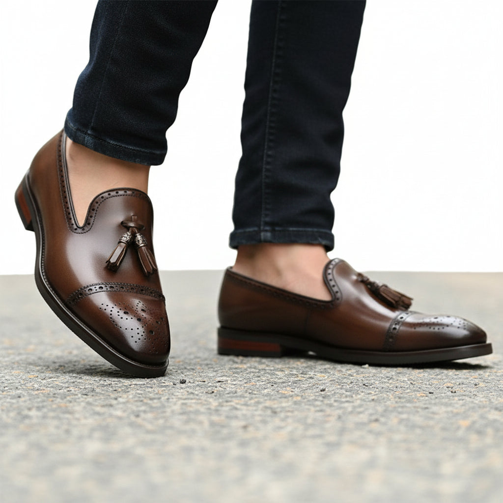 model-walking-street - Men's Brown Leather Brogue Loafers