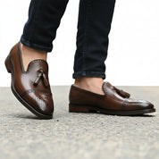 model-walking-street - Men's Brown Leather Brogue Loafers