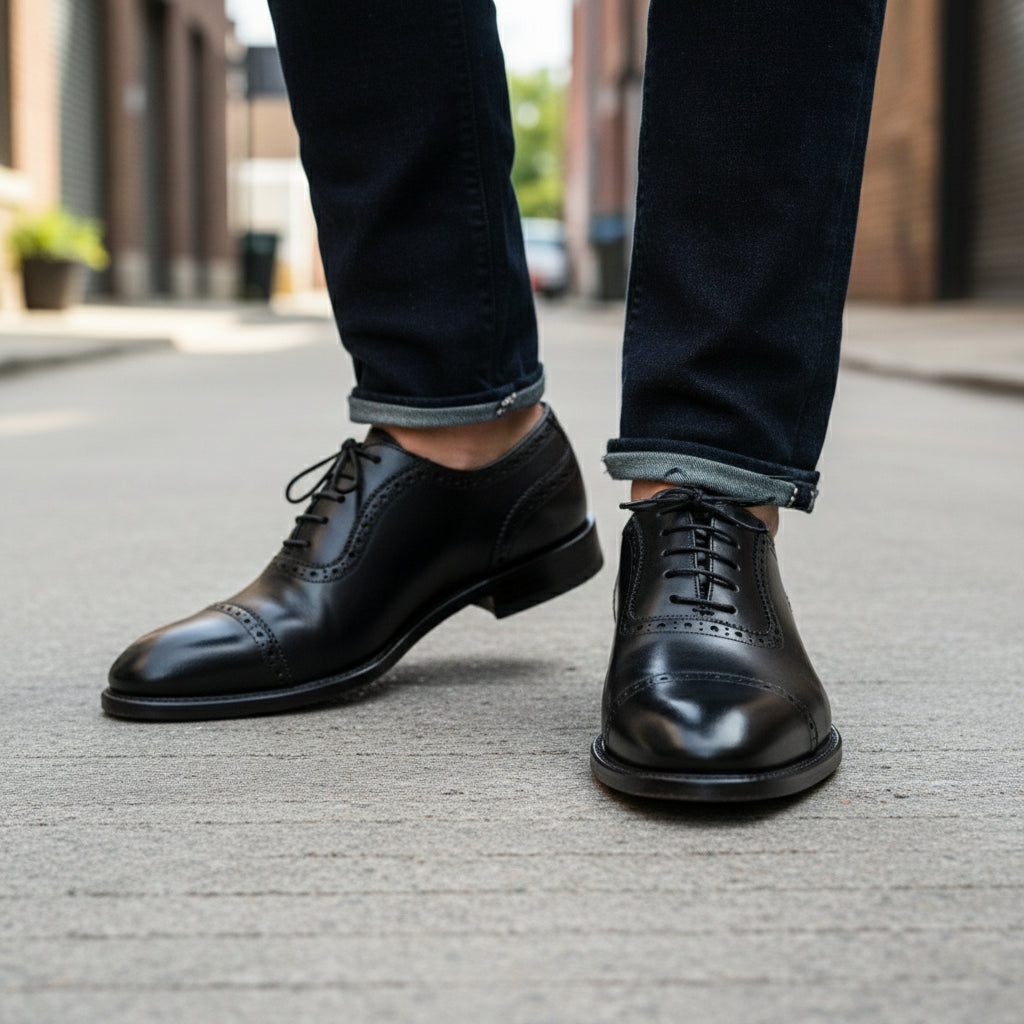 model-walking-street - Men's Brown Leather Brogue Shoes