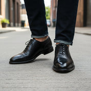 model-walking-street - Men's Brown Leather Brogue Shoes