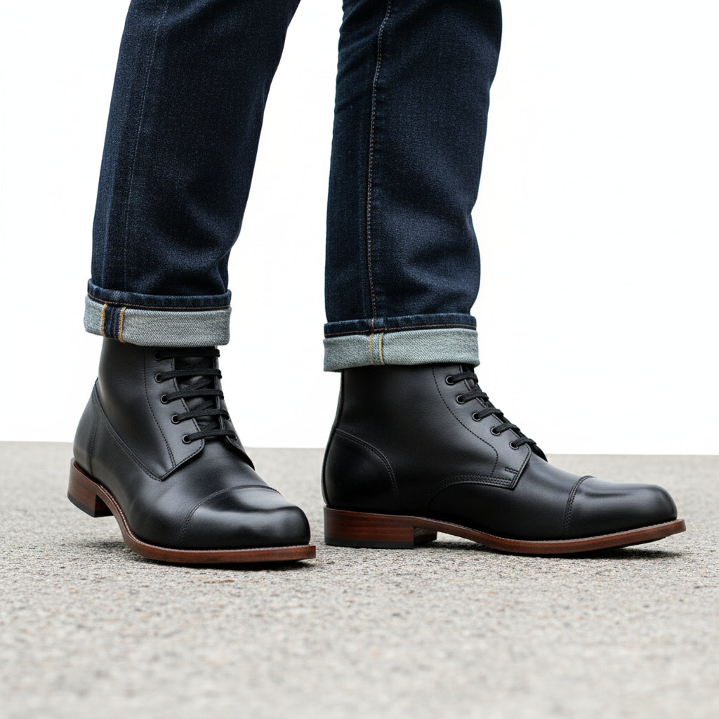 model-walking-street - Men's Brown Leather Cap-Toe Ankle Boots