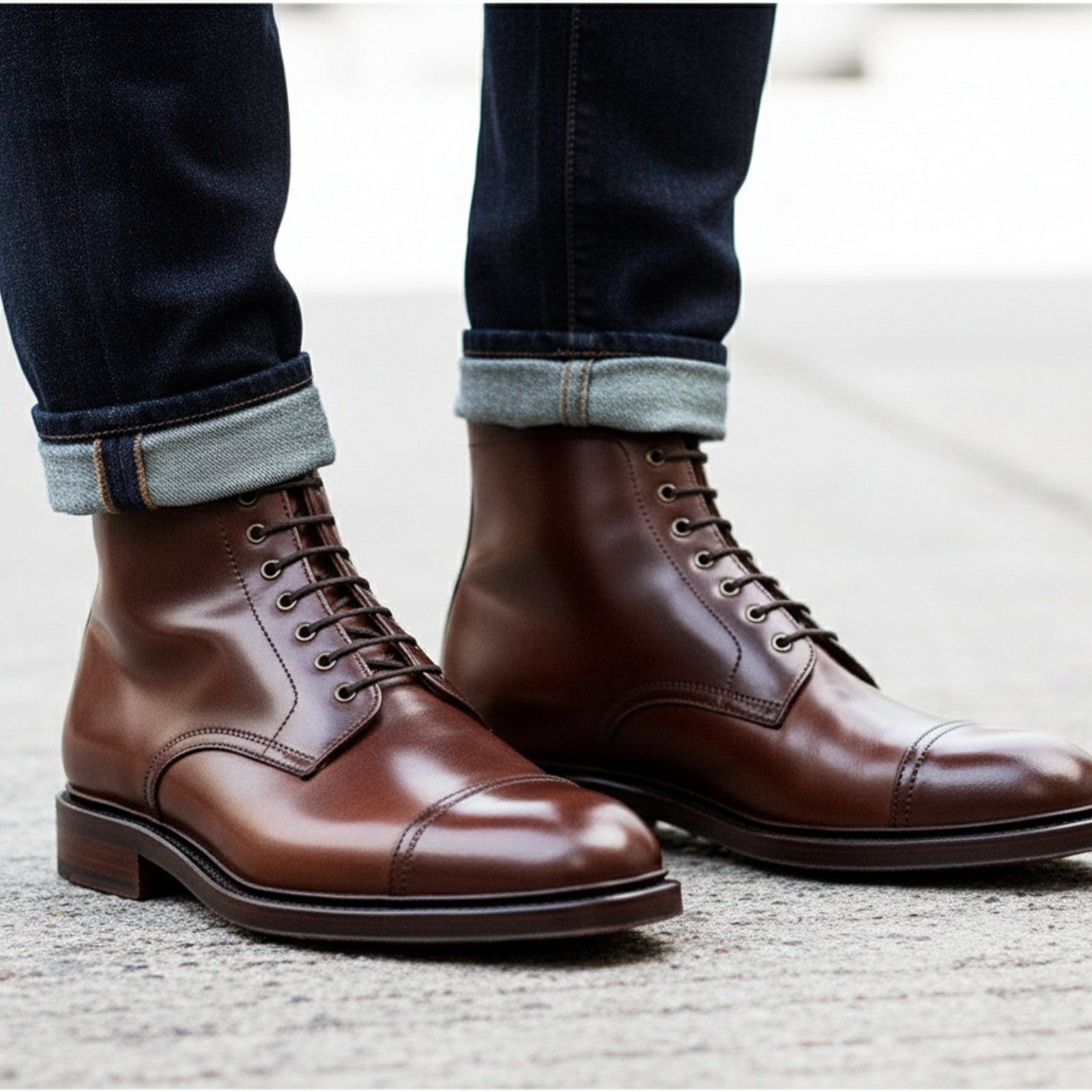 Men's Brown Leather Cap Toe Ankle Boots - model-walking-street