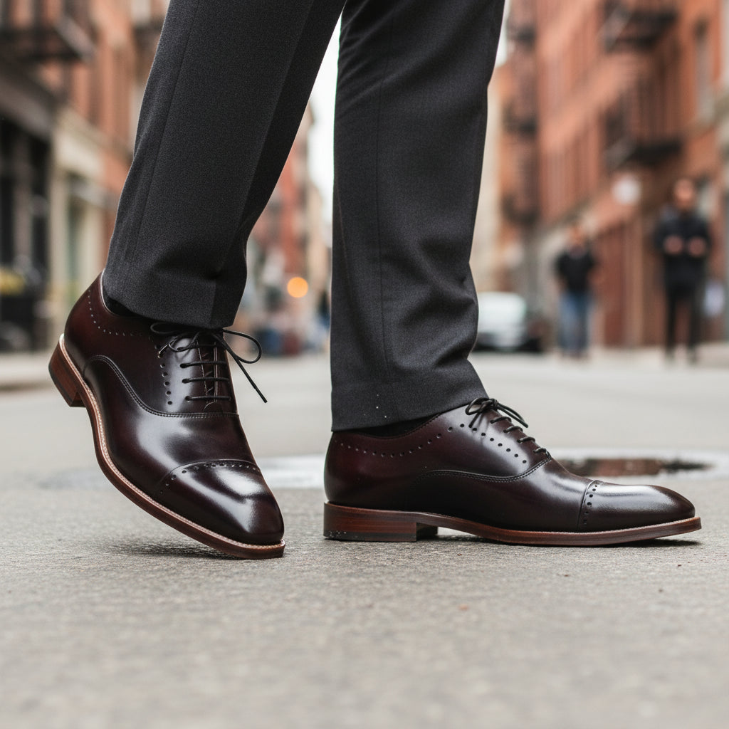 model-walking-street - Men's Brown Leather Cap Toe Shoes
