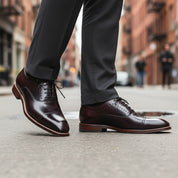 model-walking-street - Men's Brown Leather Cap Toe Shoes