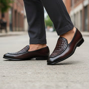 model-walking-street - Men's Brown Leather Casual Loafers