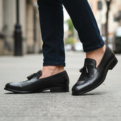 model-walking-street - Men's Brown Leather Casual Loafers
