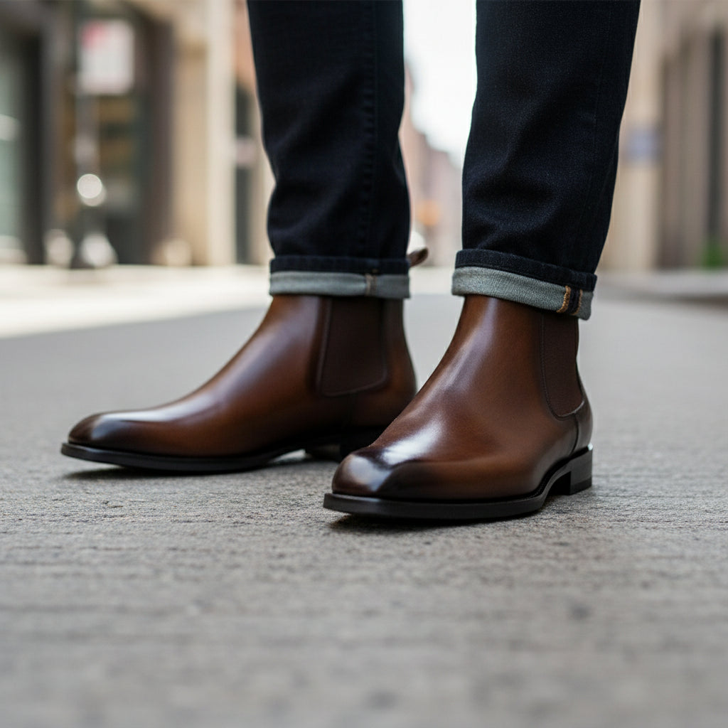model-walking-street - Men's Brown Leather Chelsea Ankle Boots