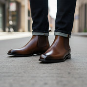 model-walking-street - Men's Brown Leather Chelsea Ankle Boots