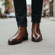 Men's Brown Leather Chelsea Boots | Ankle Office Boots - model-walking-street