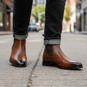 model-walking-street - Men's Brown Leather Chelsea Boots